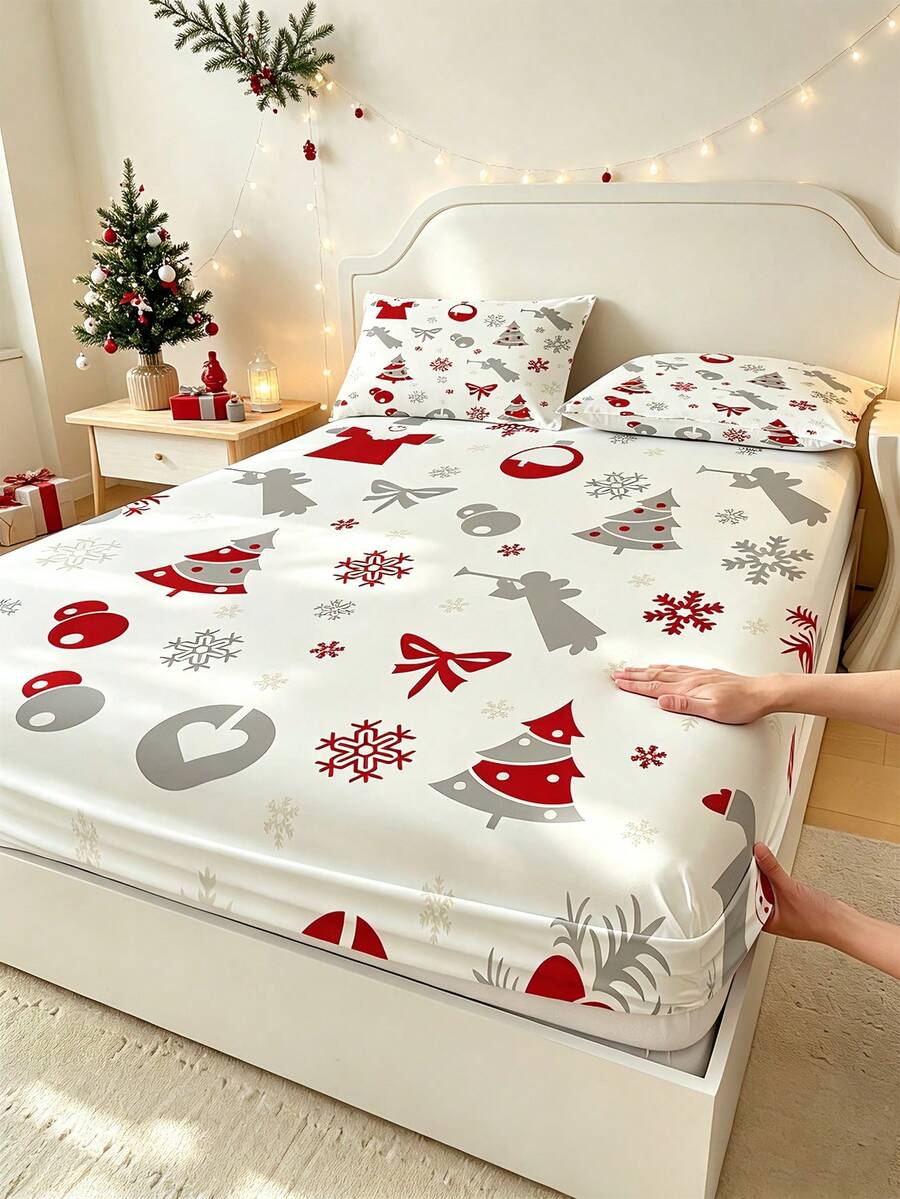 1PC Christmas Tree Snowflake Bow Decorative Print Fitted Sheet (Fitted Sheet Only, No Pillowcase), Soft And Comfortable 100% Polyester Fabric, Suitable For Bedroom, Guest Room, School Dormitory, Easy To Remove And Machine Washable Holiday Bedding Decor - Multicolor - View 1