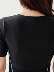 レディース 半袖 フィットネス水着 前開きファスナー セパレート 上下2点セット ハイウエスト 体型カバー めくれ防止 着やせ 水泳 運動 水陸両用 - ブルー - チェックする 9
