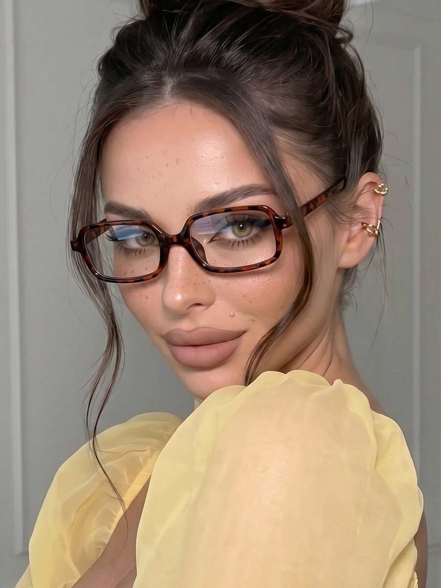 1 Pair Women's Small Frame Rectangular Leopard Print Plain Lens Glasses, Minimalist Style, Suitable For Daily Wear - Multicolor - View 1