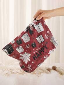 1Pc Double-Sided Christmas Gift Pattern Corduroy Zipper Cosmetic Bag,Toilet Bag,Lined Large Capacity Organizer For Travel,School & Student Daily Use - Multicolor - View 2
