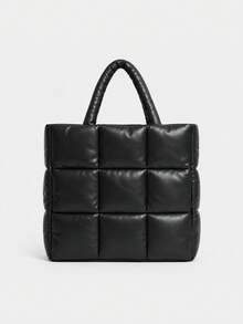 Women Handbag,Quilted Puffer Tote Bag,Grid Check Pattern,Faux Leather,Large Capacity,Minimalist Fashion For Autumn Winter Daily Work Shopping - Multicolor - View 3