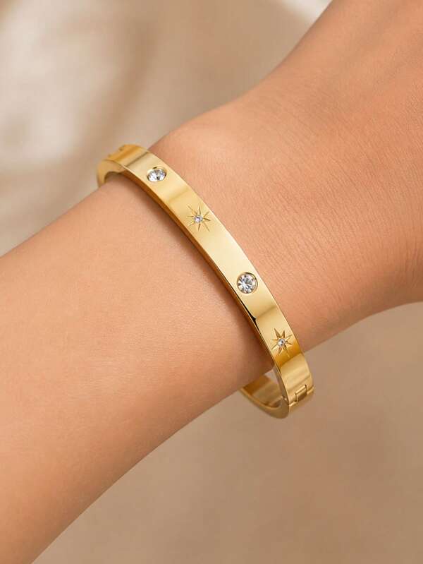 18K Gold Plated Stainless Steel Bangle, Starburst Zirconia Minimalist Open Cuff Bracelet, Daily Wear Holiday Gift For Women