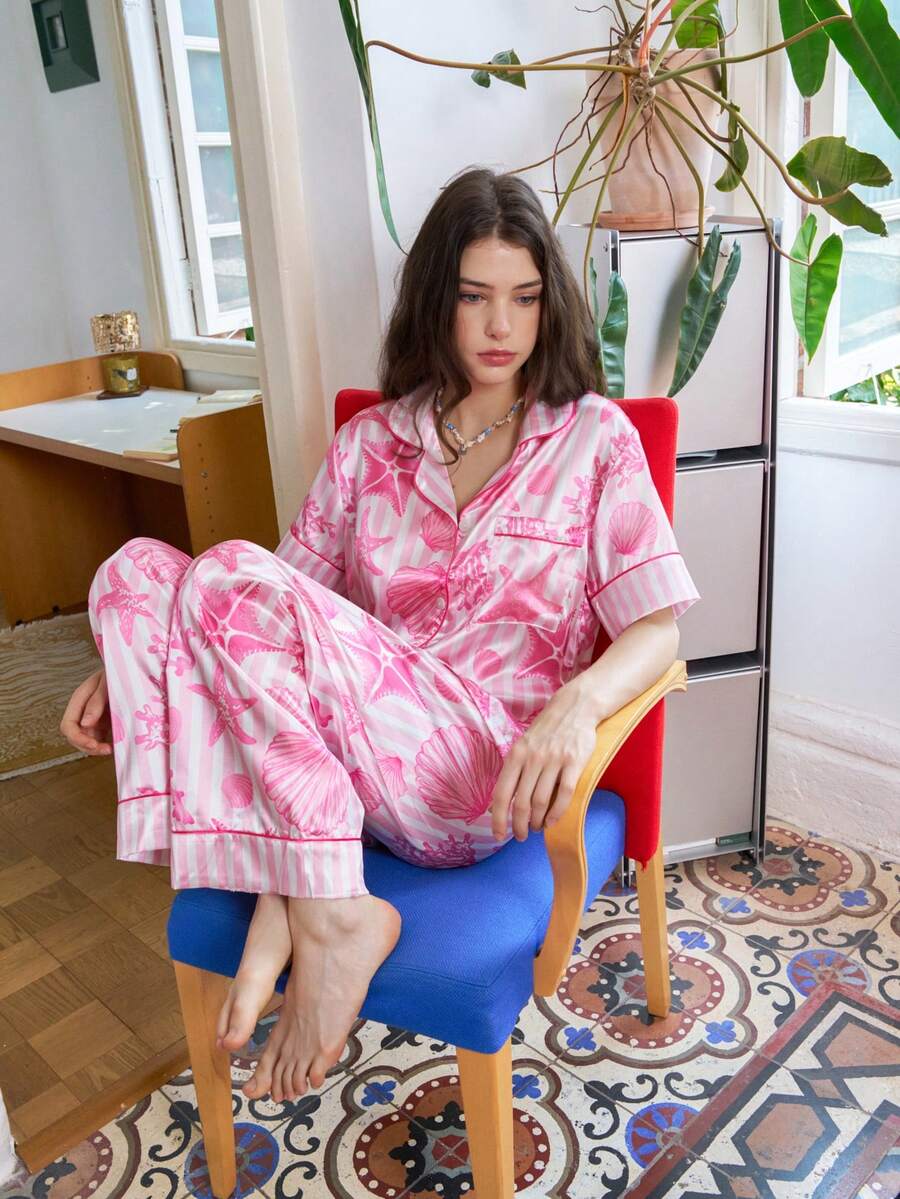 Women's Ocean Starfish Shell Coral Striped Satin Pajama Set, Notch Collar Short Sleeve Button Shirt And Wide Leg Pants, Summer Silky Loungewear - Pink - View 1