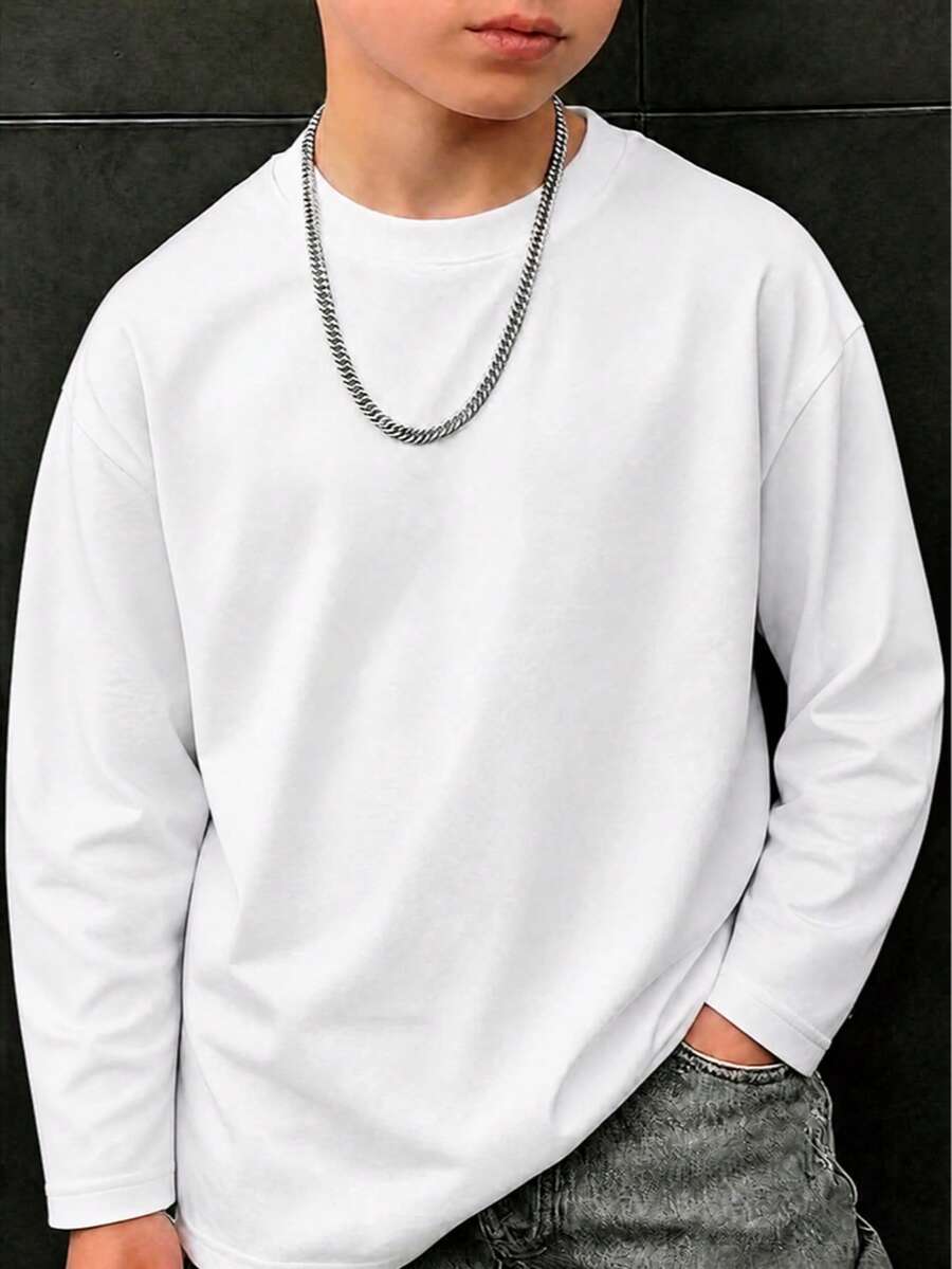 1pc Tween Boy American Street Style Solid Color Plain Long Sleeve T-Shirt, White Loose Fit Inner Layer Top For Spring And Autumn - White - View 1