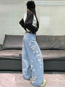1件韓式街頭風女款刺繡寬腿鬆身長褲，舒適四季牛仔長褲（本商品不含腰帶/配件） - 淺色水洗藍 - 查看 10