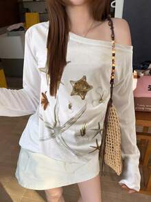 American Beach Vacation Aurora Island Style Starfish Print Lightweight Semi-Sheer Sun Protection Cover-Up Loose Long Sleeve T-Shirt - White - View 6