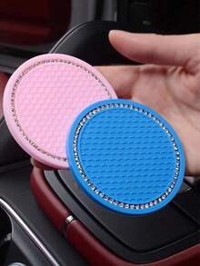 2pcs Car Accessories Silicone Rhinestone Round Fashion Cup Coasters, Car Cup Holder Insert Silicone Non-Slip Beverage Cup Coasters, Universal Vehicle Interior Accessories, Bling Crystal Rhinestone Car Silicone Interior Accessories - A - View 1