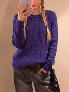 Vintage Preppy Style Women's Pullover Knit Sweater, Long Sleeve Regular Fit Knit Top, Slightly Elastic - Purple - View 5