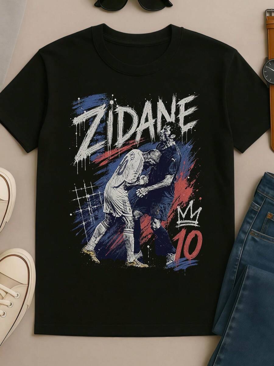 Title:Zidane_Iconic_Soccer_Moment_Retro_Graffiti_Graphic_Tee - 黑色 - 查看 1