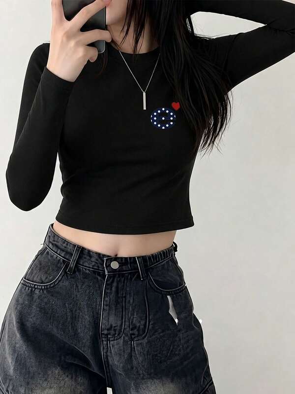 Women's Fashion Autumn/Winter Slim Fit Comfortable Casual Minimalist Versatile Letter Print Long Sleeve T-Shirt