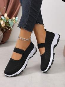 NOBLEARL Women's Mary Jane Knit Slip On Sneakers, Elastic Strap Flat Walking Shoes, Breathable Mesh Lightweight Casual Shoes - Black - View 6