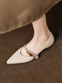 1 Pair Women's Elegant French Style Pointed Toe Flat Shoes, Contrast Color Beaded Thin Strap Low Vamp Soft Sole Autumn Commute Shoes - View 3
