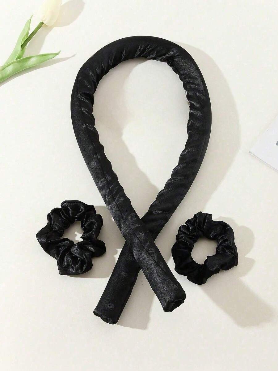 3pcs Black Heatless Curling Rods, Reusable Hair Curler Headband, No Heat Required, Ribbon Hair Curler With Hair Clips, Create Natural Soft Wavy Curls, DIY Curling Tool, Sleep Styling Tool - Black - View 1