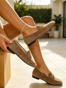 Women's Flat Ballet Loafers, Taupe Suede With Gold Horsebit Buckle, Slip-On, Cushioned Insole, Suitable For Office And Daily Wear - Camel - View 5
