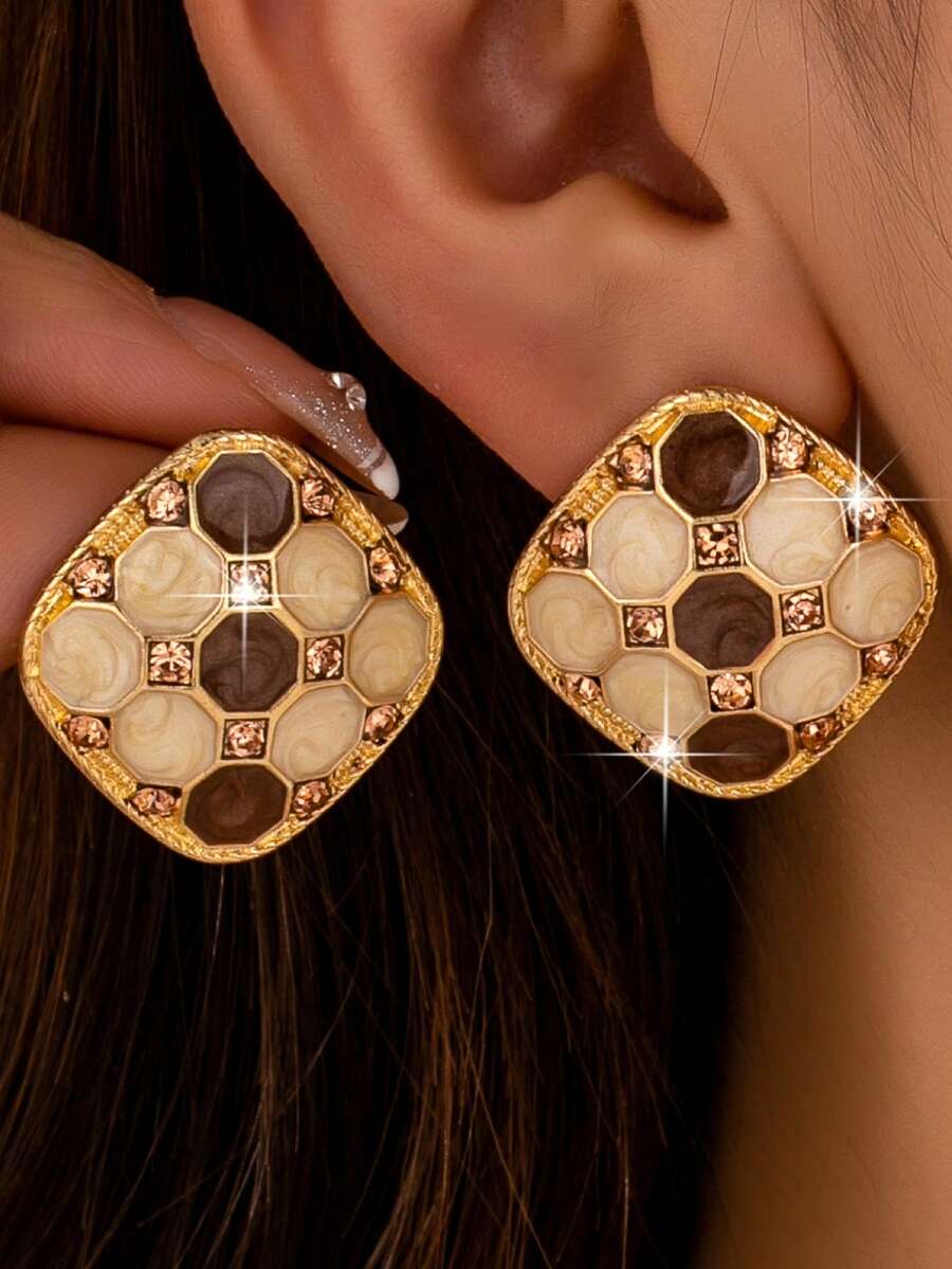 Pendientes de botón cuadrados de esmalte vintage, pendientes de lujo con textura de panal de abeja de bloques de color con incrustaciones de strass, versátiles para uso diario y fiestas - Dorado - Ver 1