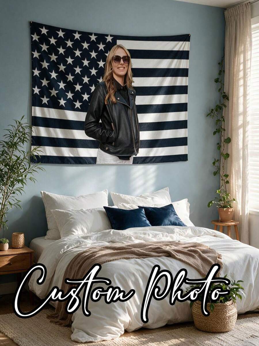 1pc Customized American Background Tapestry Flag, Personalized American Flag Design With Photo, Wall Decor For Dorm, Living Room, Bedroom, Fun Christmas Gift, Easy To Hang
