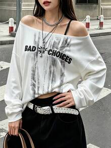 Y2K Halloween Fashion Asymmetrical Shoulder Women's Top - White - View 4