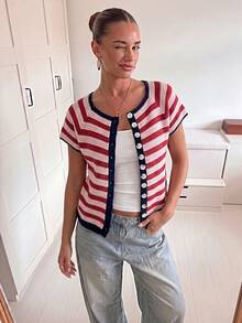 Women's Vintage Striped Button-Up Short Sleeve Knit Top. Red Summer - Red - View 4