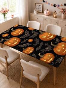 1pc Wrinkle-Resistant Rectangular Halloween Theme Elastic Tablecloth, Pumpkin & Skull Halloween Print Tablecloth, Reusable Party Tablecloth, Suitable For Outdoor Patio Dinner, Halloween Garden Party, Outdoor Autumn Holiday Decor - C - View 5