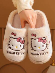 SANRIO Women's Autumn/Winter Warm Fuzzy Slippers, Cute KT Design, Comfortable Thermal Lined Fashion House Shoes For Indoor - White - View 1