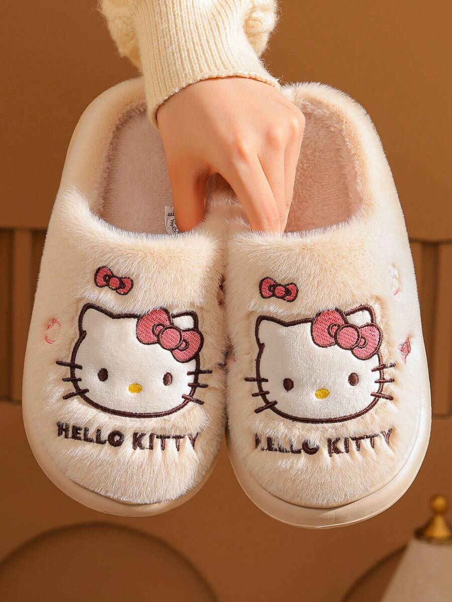 SANRIO Women's Autumn/Winter Warm Fuzzy Slippers, Cute KT Design, Comfortable Thermal Lined Fashion House Shoes For Indoor - White - View 1
