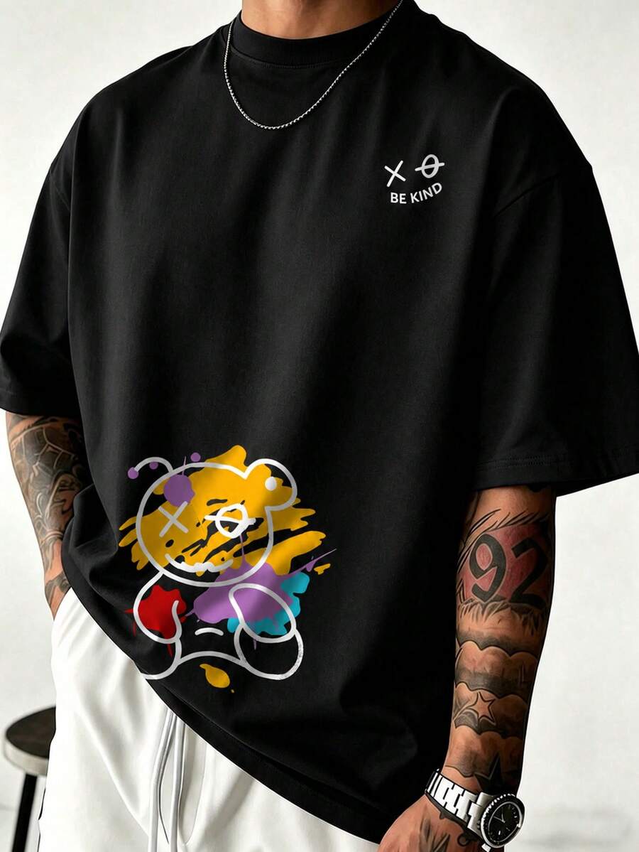 Plus Size Men's Loose Crew Neck Short Sleeve T-Shirt | Colorful Graffiti Bear Print | Exquisite Fit Design | Summer Essential Item | Versatile And Easy To Wear, Showcase Your Personal Style - Black - View 1