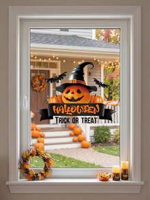 1件裝萬聖節南瓜女巫帽窗貼「Trick Or Treat」蝙蝠蜘蛛靜電吸附窗貼，適用於室內居家萬聖節派對窗戶裝飾 - 彩色 - 查看 1
