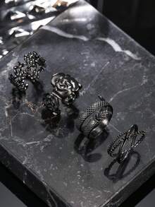Gothic Women's Ring Set, Stackable Black Halloween Jewelry, Snake And Flower Design, Multi-Element, Holiday Gift - Black - View 4