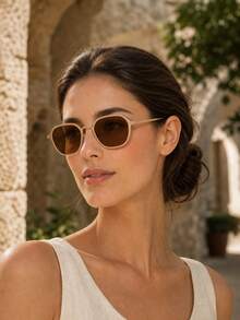 European And American Vintage Sunglasses For Women, Gold-Tea Metal Frame, Brown-Tea Lenses, Rounded Minimalist Thin Metal Temples, High-End Fashion Style, Daily Wear, Vacation, Street Style - Multicolor - View 1