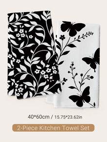 2PCS Kitchen Towels Black & White Floral Butterfly Pattern, Minimalist Style Super Fine Fiber Material Soft Kitchen Towels Dish Cloths, Hand Towels, Tablecloths, Kitchen Decor, Kitchen Cleaning, Bathroom Cleaning, Holiday Party Decor, Kitchen & Bathroom Supplies Home Essentials, Home Decor, Housewarming Gift - Black and White - View 2