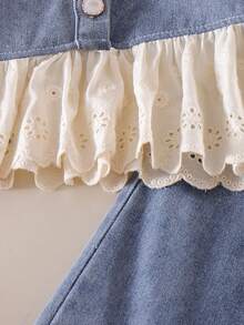 2pcs/Set Baby Girl Cute Puff Sleeve Long Sleeve Top And Straight Leg Pants With Lace Trim, Autumn - Light Wash - View 4