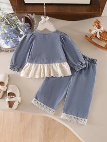 2pcs/Set Baby Girl Cute Puff Sleeve Long Sleeve Top And Straight Leg Pants With Lace Trim, Autumn - Light Wash - View 2