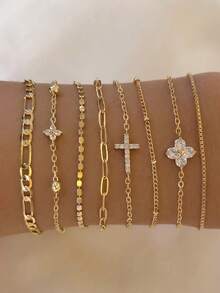 8pcs Luxury INS Rhinestone Flower & Cross Bracelet Set, Hip Hop Personalized Metal Thin Chain Layered Hand Jewelry - 8-piece Set - View 1