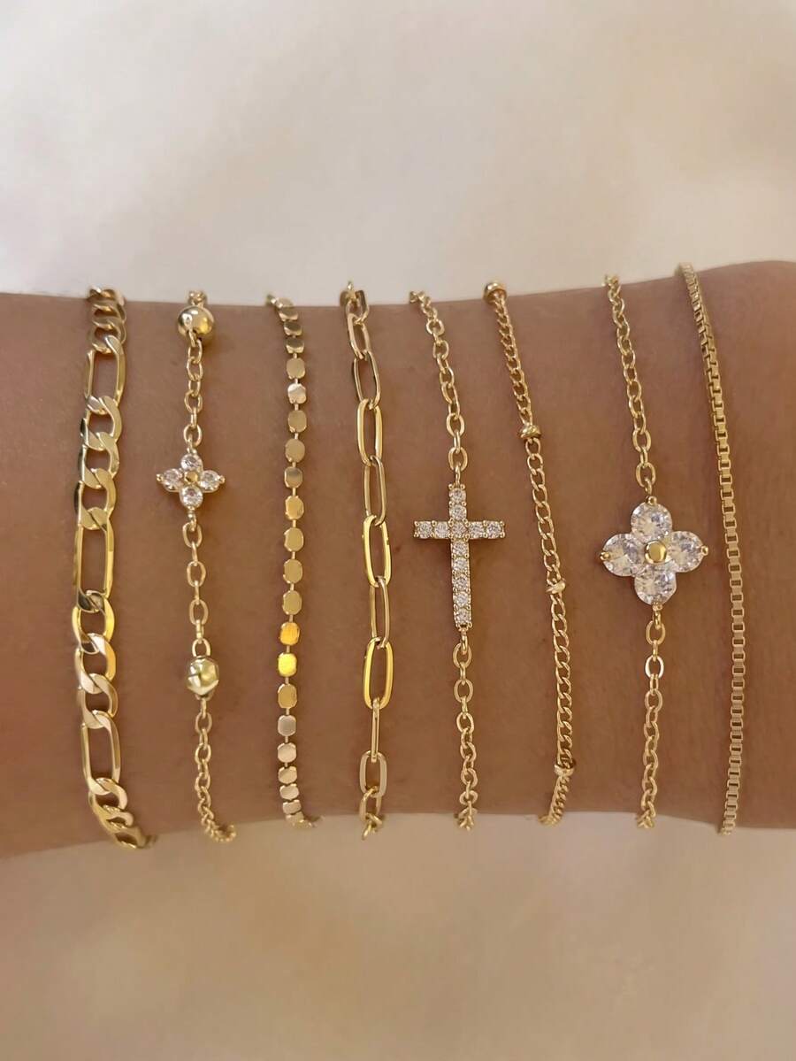 8pcs Luxury INS Rhinestone Flower & Cross Bracelet Set, Hip Hop Personalized Metal Thin Chain Layered Hand Jewelry - 8-piece Set - View 1