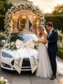 客製化新婚婚車蝴蝶結，可客製姓名大尺寸緞面蝴蝶結，新娘婚車裝飾，浪漫婚禮拍照道具，裝飾用，可重複使用，居家裝飾 - 彩色 - 查看 3