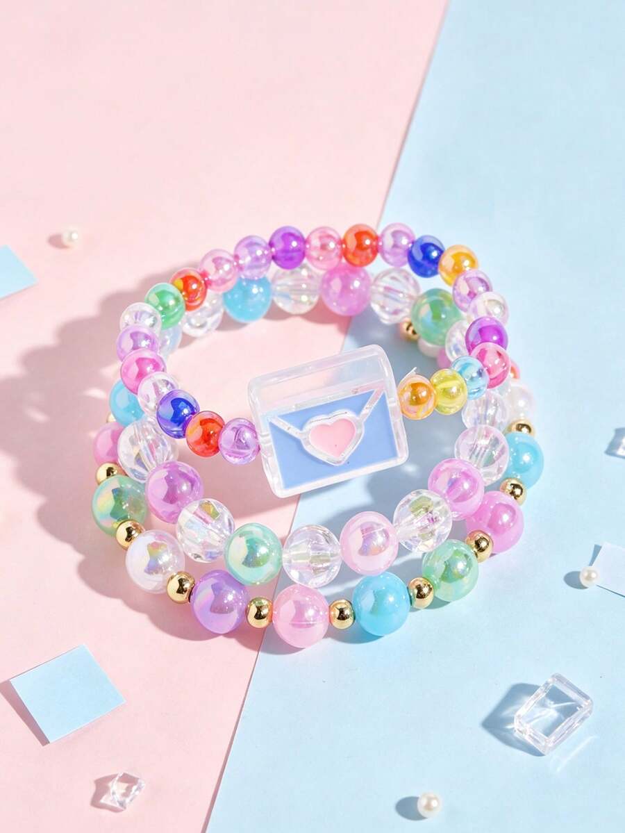 Set 3pcs Gelang Anak-Anak Bentuk Amplop Lucu Kreatif dengan Manik-manik Warna-warni, Set Perhiasan Persahabatan Kasual Sehari-hari untuk Anak Perempuan, Hadiah Pesta. - MultiWarna - View 1