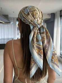 1pc Women's Casual Vintage Silk Scarf Print Shawl, Spring/Summer Bohemian Hair Accessory, Suitable For Daily Fashion Glasses Styling, Vacation Beach Party Wear - Light Blue - View 1