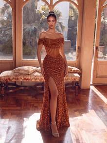 ADYCE Elegant Off Shoulder Long Prom Dress Sheer Fishbone High Waist Slit Backless Tie Up Maxi Formal Bridesmaid Dress Evening Date Night Fall Christmas - Burnt Orange - View 4