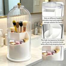 360° Rotating Sliding Cover Makeup Brush Storage Box With Card Slot 3-Compartment Drawer, Multi-Functional Dust-Proof Organizer For Bathroom, Vanity, Dorm - Multicolor - View 10