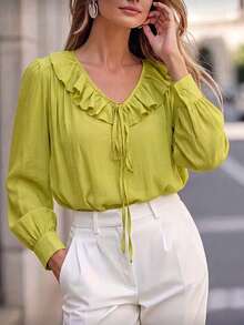 Women's V-Neck Ruffle Green Blouse, Fashion Long Lantern Sleeve Top, Suitable For Various Street And Home Occasions - Lime Green - View 7
