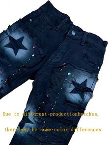 Men's Fashion Layered Fringe Star Painted Denim Jeans, Emo Style - Black - View 5