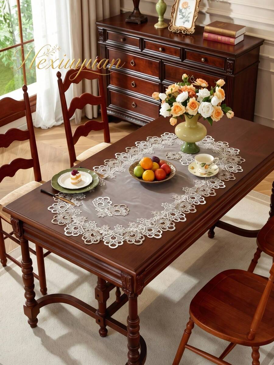 HXARTMIS 1 Peça Caminho de Mesa Oval Vazado com Renda Floral, Toalha de Mesa de Tule Bordada na Cor Café, Adequado para Mesa de Jantar, Mesa de Centro, Penteadeira, Decoração Doméstica - Marrom - Visão 1