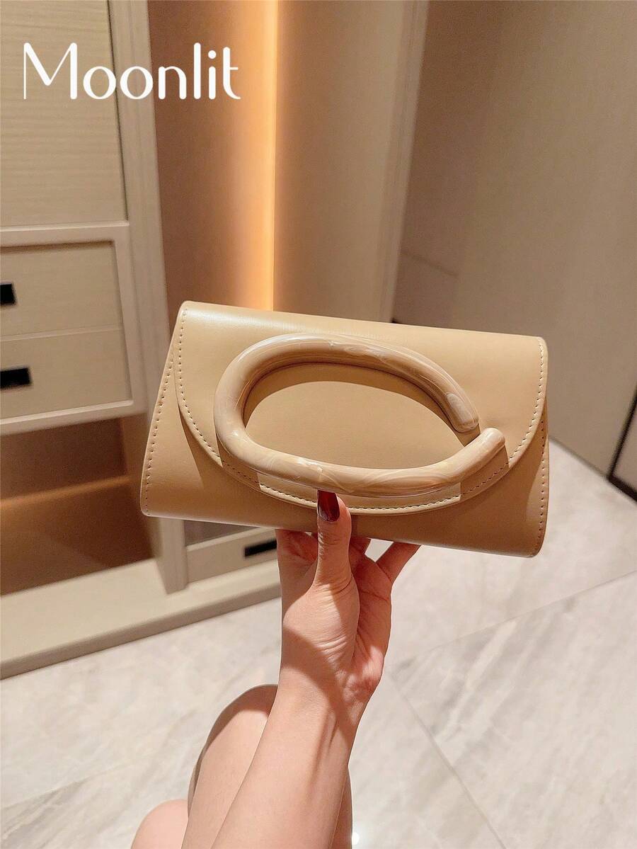 1pc European And American Fashion Metal Decor Mini Box Clutch, High-End Shiny Metal Strip Handle Women's Handbag, Elegant Luxury Evening Bag For Formal Dress, PU Leather Party Bag/Romantic Wedding Clutch/Ball Bag, Cocktail Bag, Back To School Dance Bag With Metal Chain