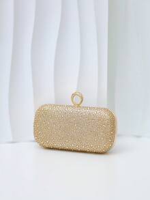 Women's Evening Clutch Bag, Rectangular Hard Shell, Ring Handle, Detachable Chain, Luxury Fashion Style, Suitable For Weddings, Balls, Parties, All-Season Formal Handbag - Gold - View 5