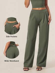 TimeOff Women's 1pc Solid Color Autumn/Winter Pleated Front Side Pocket Straight Leg Wide Leg Pants - Green - View 11
