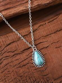 Vintage Turquoise Teardrop Pendant Necklace, Bohemian Style Minimalist Necklace Accessory, Gift - Multicolor - View 5