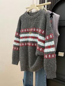 Women's Round Neck Jacquard Knit Sweater, Soft Long Sleeve Top, Suitable For Christmas, Halloween, Thanksgiving And Daily Wear - Grey - View 6
