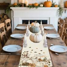1pc Autumn Hello Pumpkin Watercolor White Pumpkin Floral Print Table Runner - Polyester Stiff Fabric, Rectangular, Ideal For Holiday Dining And Outdoor Parties, Suitable For Home Dining Room, Restaurant, Kitchen Supplies, Party Table Decor - Light Yellow - View 6