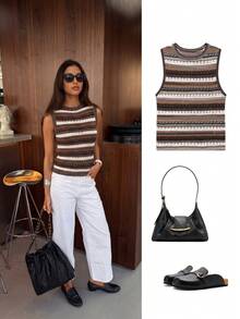 ACKCER Women's Spring/Autumn Mixed Brown & White Horizontal Striped Hollow Round Neck Fitted Sleeveless Knit Vest - Multicolor - View 1