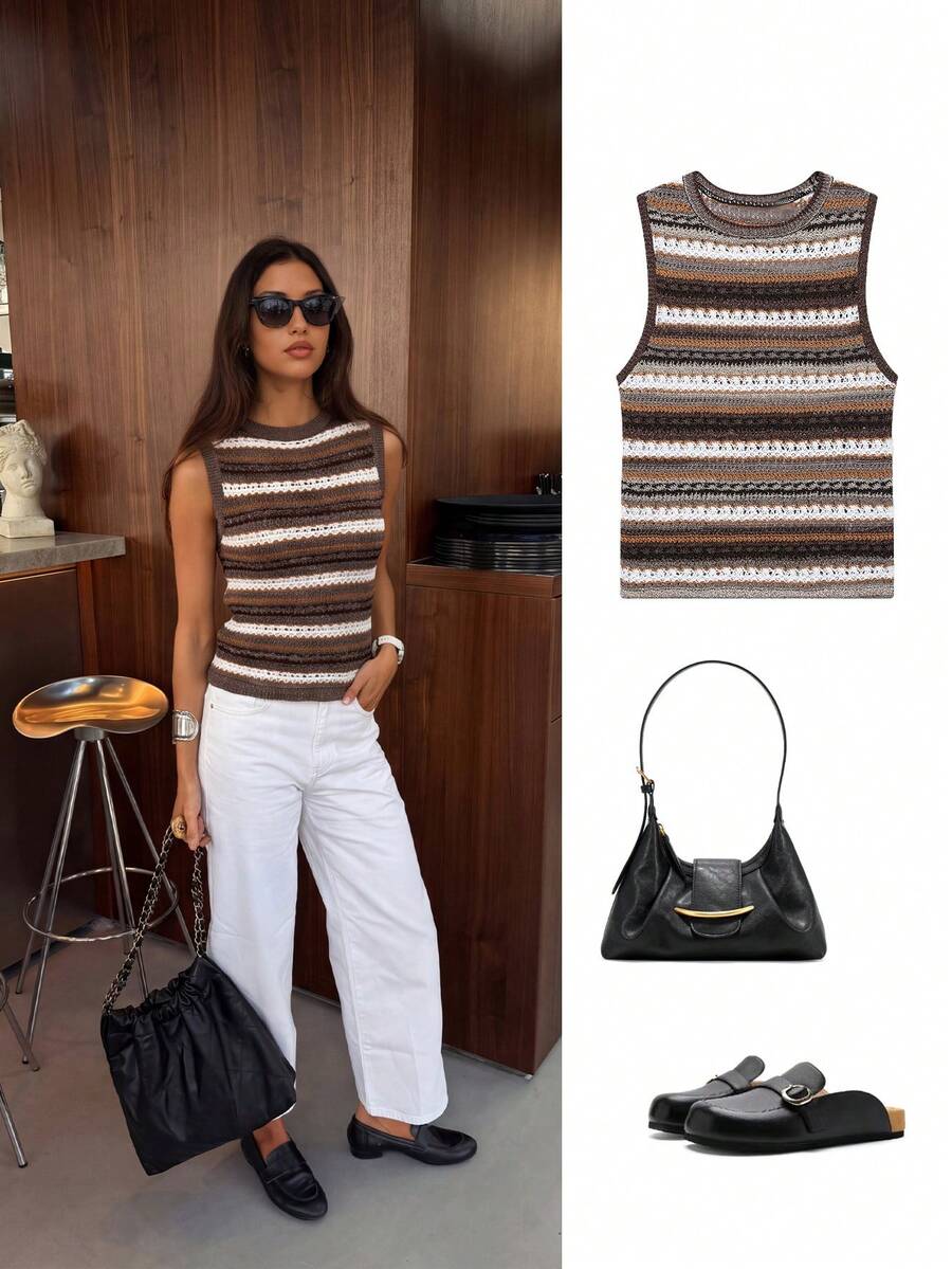 ACKCER Women's Spring/Autumn Mixed Brown & White Horizontal Striped Hollow Round Neck Fitted Sleeveless Knit Vest - Multicolor - View 1